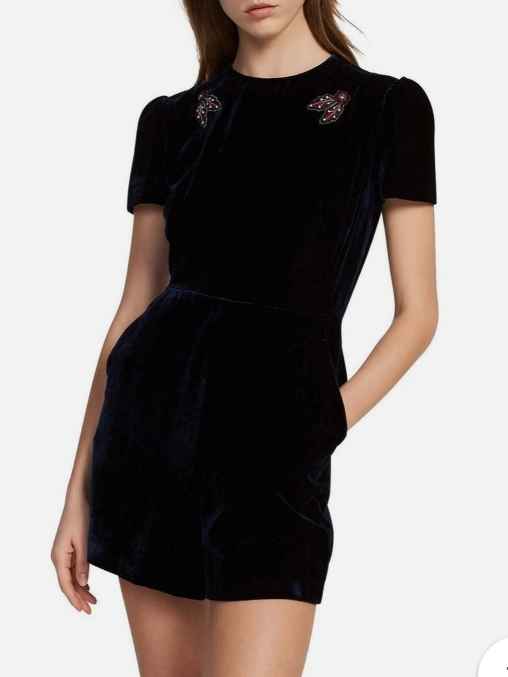 Sandro Midnight Blue Short Sleeve Open Lace Back Velvet Romper Size 1 (Small)